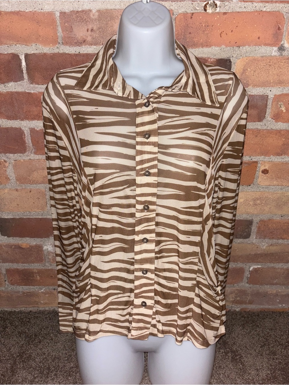 Halara Women's Brown Zebra-Stripe Button-Up Top Blouse